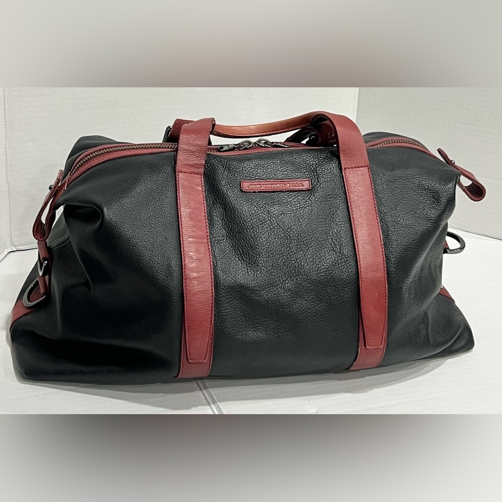 John Varvatos USA Pebble Leather Weekender Duffle Bag Black Burgundy Mens Womens